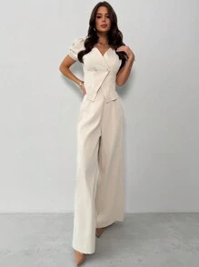 Firerie Festiwalowa nowość Biurowa damska dojazdowa elegancka bufiasta koszula z asymetrycznym otwartym przodem zapinana na metalowe guziki i szerokie nogawki do kostek wyszczuplające wysokie morelowe spodnie - Morela - Zobacz 3