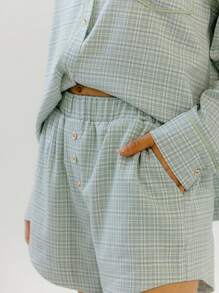 Aralina Light Green Button-Front Gingham Boyfrieend Shirt And Shorts Set - Green - View 3