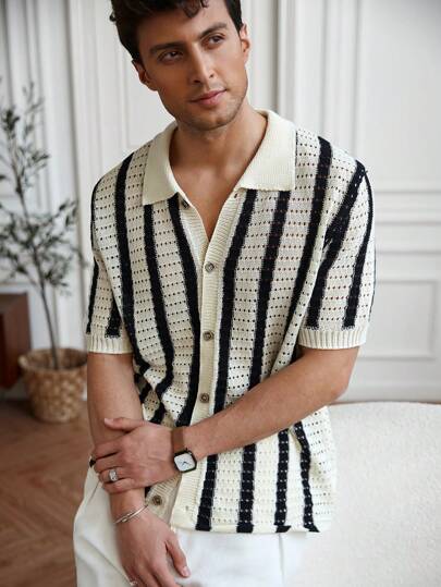 Manfinity CityGents 男士条纹短袖镂空单排扣休闲针织上衣