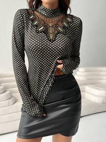 SHEIN Clasi Women Stand Collar Long Sleeve Casual T-Shirt With Mesh Patchwork, Random Prints