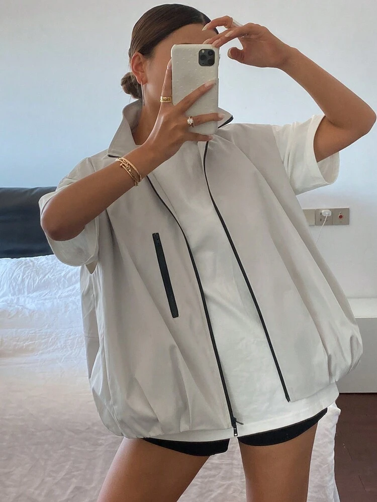 Women Front Zipper Short Sleeve Pocket Simple Casual Blouse Women Jacket,Fall Women Clothes