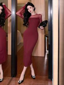 DAZY 红色波点网纱鸡尾酒裙，性感抽绳修身中长款派对连衣裙，适合新年、情人节、舞会、秋季圣诞节等场合穿着，优雅女装。 - 紅色 - 查看 5