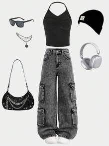 SHEIN Tween Mädchen Tank Top in Denim-Optik und locker sitzende Denim-Cargohose, 2 Stücke Set