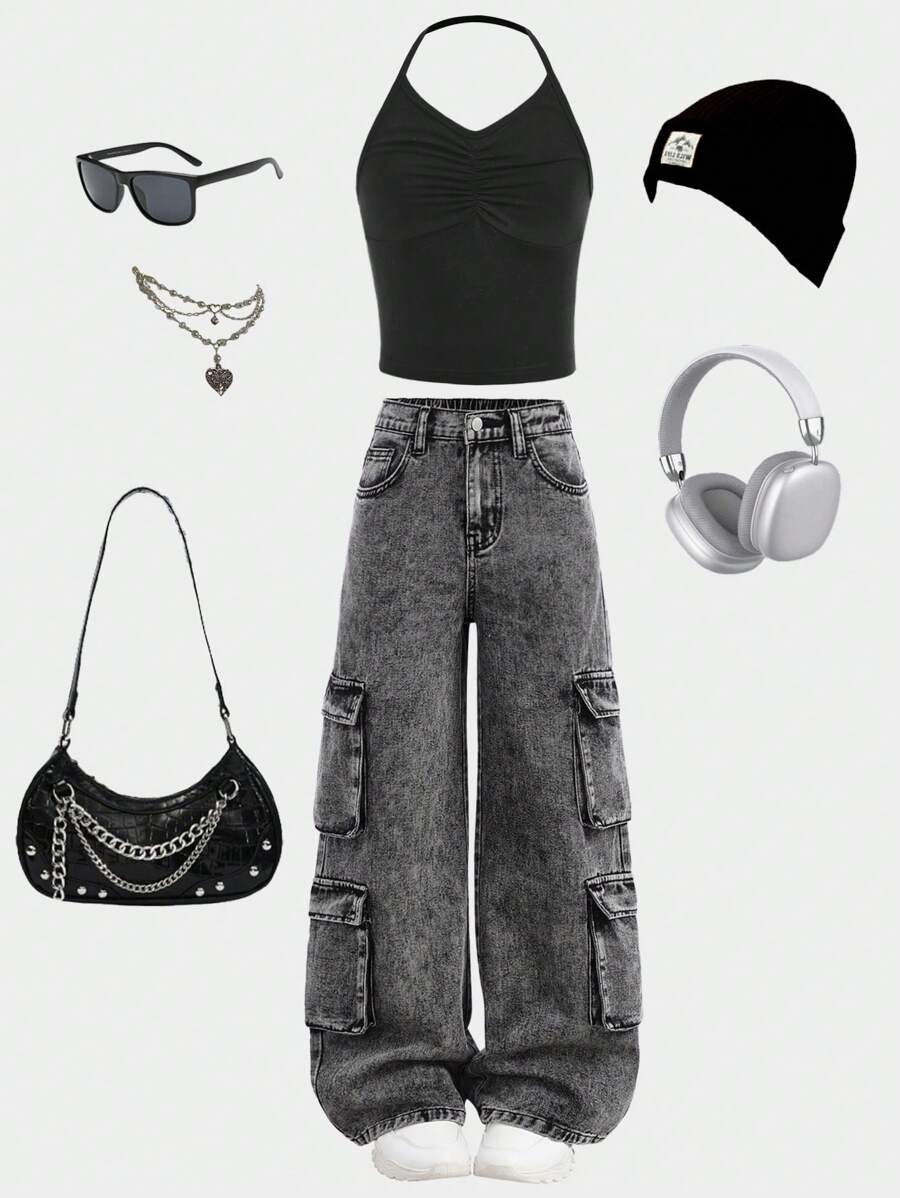 SHEIN Tween Mädchen Tank Top in Denim-Optik und locker sitzende Denim-Cargohose, 2 Stücke Set