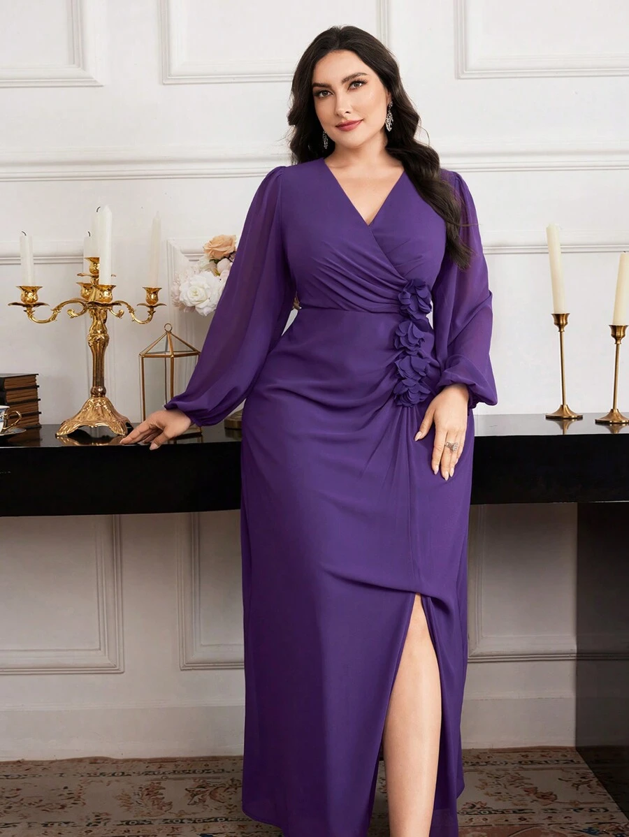 Modelyn Plus Size Solid Color Elegant Casual Everyday Dress - Purple - View 1