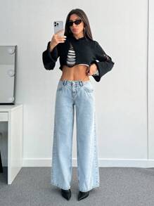 EURMUSE WOMEN WIDE LEG LOW WAIST JEANS - Light Wash - View 7