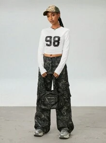 SHEIN EZwear Camiseta de manga larga informal de punto con número, estilo Y2K para mujer