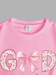 Conjunto de 2 piezas para niña preadolescente que incluye sudadera con cuello redondo con estampado de arco e impresión floral "Dios es bueno" y pantalones acampanados de cintura alta con estampado de arco