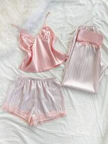 Set de pijama de 3 piezas con top de camisola de satén y pantalones cortos para mujer con adorno de encaje y estampado a rayas, para vacaciones