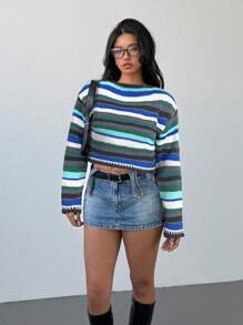 SHEIN SXY 春秋休闲拼色条纹短款毛衣 - 綠色 - 查看 5