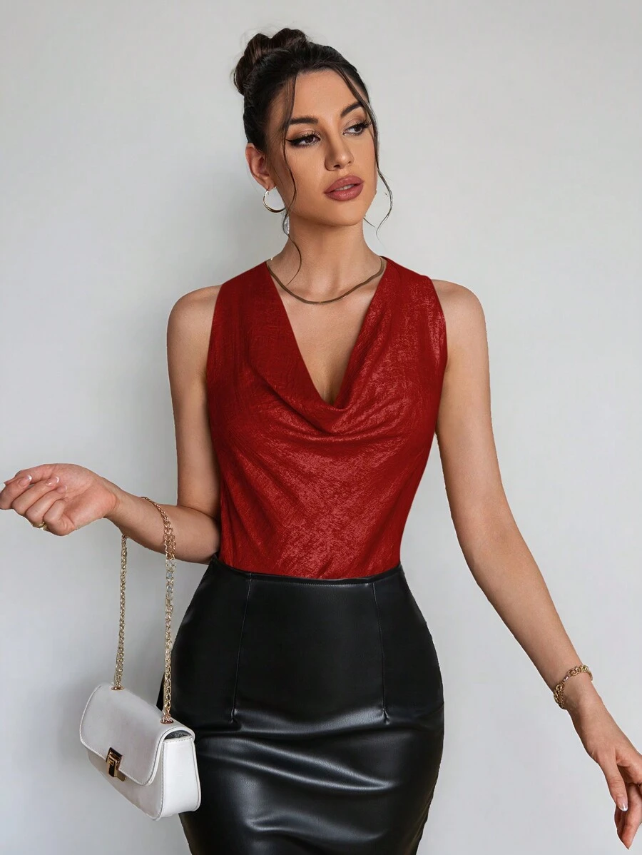 Firerie Women's Solid Color Sleeveless Casual Draped Neck Party Blouse - Burgundy - View 1