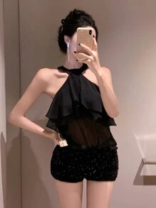 DAZY Damen Frühlingsstil Schulter Cut-Out Bluse, Sexy Nachtausgang, Sommer, Rüschen Rollkragen Damen - Schwarz - Übersicht 4
