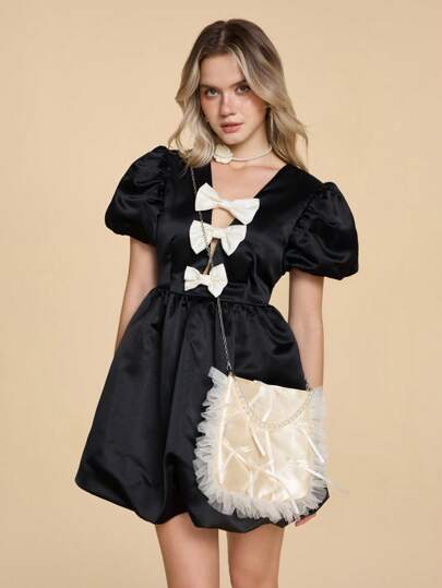 Kawaii 1 pieza Bolso con decoración de lazo, volantes y encaje romántico con cadena decorativa de perlas falsas, adecuado para una cita el Día de San Valentín