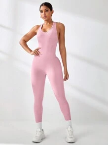 Sovereign Charm 女士无袖纯色简约镂空休闲性感运动连体裤 - 粉色 - 查看 3