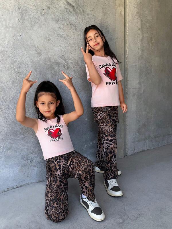 2pcs Sisters Matching Set: Heart Letter Print Tank Top + Leopard Print Cargo Pants, Suitable For School, Traveling And All Seasons