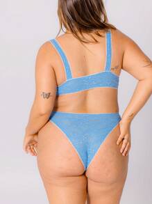 Aralina 加大码曲线蓝色蕾丝白色对比色蝴蝶结细节三角形假日贴身套装内衣 - 藍色 - 查看 2