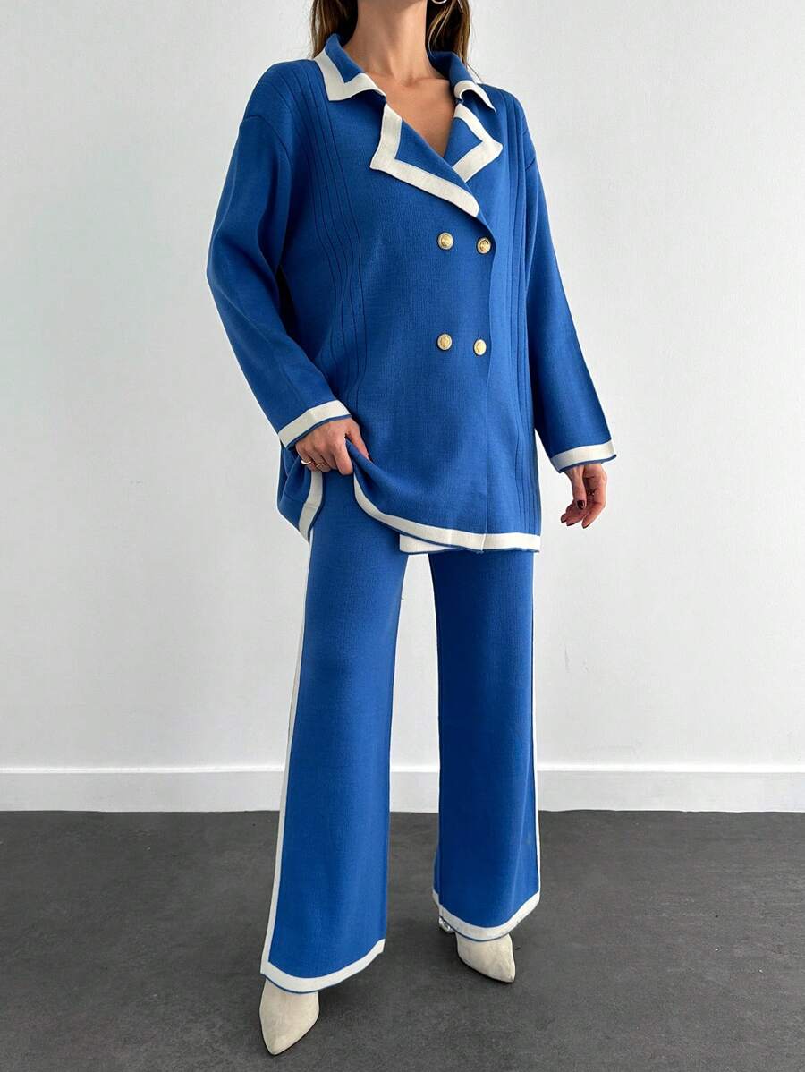 EURMUSE 女士秋冬撞色翻领落肩长袖双排扣毛衣开衫针织裤休闲两件套 - 藍色 - 查看 1
