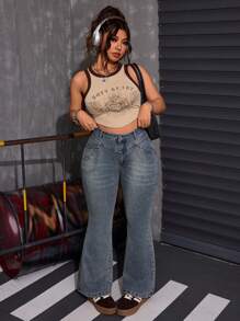 SHEIN ICON Plus Size Casual Retro American Style Flare Jeans, Simple & Fashionable For Everyday Wear