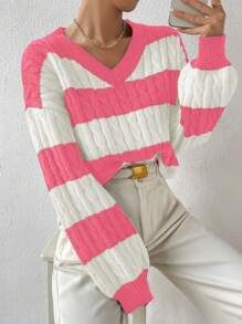 Calvaya Women's V-Neck Long Sleeve Striped Minimalist Pullover Sweater, Casual Everyday Wear