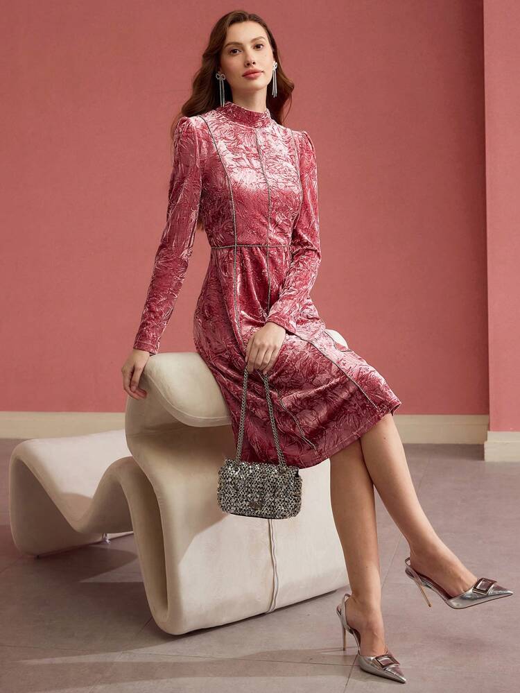VELVET TEXTURED RHINESTONE DETAIL DRESS