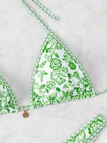 Swim Vcay Summer Women's Neck Tie Floral Print Bikini Top And Bottom Bikini Set - Green - View 3