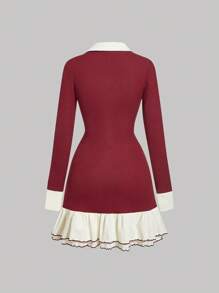 SHEIN MOD 优雅长袖女士连衣裙，通勤休闲，法式风格 - 紅白色 - 查看 2