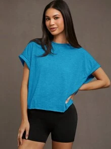 SHEIN Essnce Women Solid Color Round Neck Short Sleeve Hollow-Out Casual T-Shirt