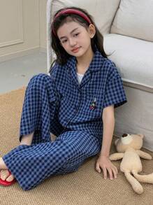 Dazy Kids 少女格子刺绣短袖上衣和裤子睡衣套装，春夏 - 藏蓝色 - 查看 2