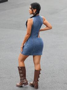 Váy denim đơn ngực không tay thường ngày dành cho nữ - Màu xanh lam - Xem 2