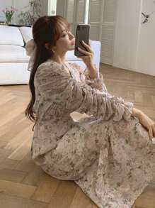 DAZY Women's Fitted Mid-Length V-Neck Ditsy Ditsy Floral Dress, Holiday Flower Vacation Beach, Spring/Summer/Autumn,Fall Women Clothes Long Sleeve Dress - Pink - View 1