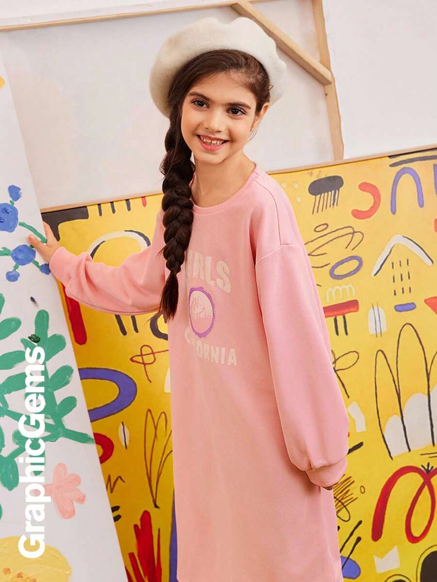 Tween Girls Casual Daily Letter Print Oversized Drop Shoulder Dress, Autumn - Pink - View 1