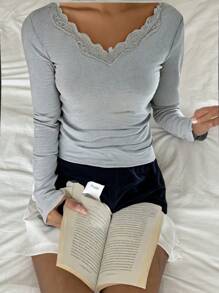 SHEIN Teen Girl's V-Neck Lace Trim Fitted Soft Comfortable Ribbed Long Sleeve Shirt, Grey Color - Grey - View 1