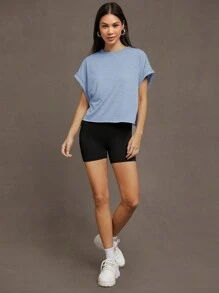 SHEIN Essnce Women's Solid Color Back Hollow Out Batwing Sleeve T-Shirt - Baby Blue - View 5