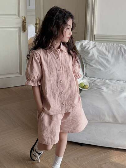 Dazy Kids 2 件套青少年女孩套装 - 纯色泡泡袖衬衫和短裤，女孩夏季服装，返校服装