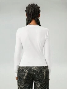SHEIN EZwear Camiseta de manga larga informal de punto con número, estilo Y2K para mujer