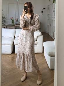 DAZY Women's Fitted Mid-Length V-Neck Ditsy Ditsy Floral Dress, Holiday Flower Vacation Beach, Spring/Summer/Autumn,Fall Women Clothes Long Sleeve Dress - Pink - View 4