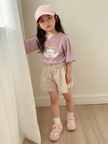 DAZY 2pcs Young Girl Round Neck Short Sleeve Printed Simple Top And Shorts Set,Girls Summer Outfits - Purple - View 5