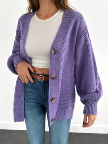 RueChic Women's Casual Solid Color Loose Fit Drop Shoulder Cardigan, Autumn/Winter - Lilac Purple - View 4