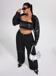 SHEIN ICON 大码女装金属装饰街头风格阔腿牛仔裤 - 黑色 - 查看 5