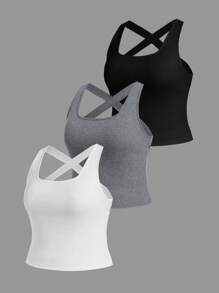 SHEIN EZwear ملابس علوية بحمالات عريضة وظهر متقاطع بلون أحادي للمقاسات الكبيرة - متعدد الألوان - مشاهدة 10