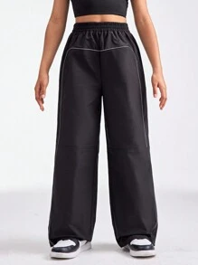 SHEIN Tween Girl Cool Street Style Spring/Summer Drawstring Waist Pocket Patchwork Casual Sports Pants - Black - View 3