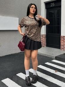 SHEIN EZwear 大码女式豹纹修身圆领 T 恤，夏季 - 摩卡棕 - 查看 4