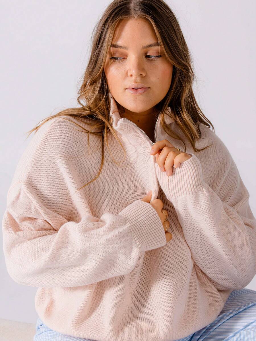 SHEIN Aralina-E Cozy Curve Relaxed Fit Pale Pink Quarter-Zip Collar Cropped Sweater - Baby Pink - View 1