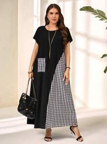 EMERY ROSE Große Größen Sommer einfarbiges kurzes Ärmel Rundhals-Lässig-Langkleid mit Tasche, Frühjahrs-Outfits für Frauen, tropischer Urlaub - Schwarz - Übersicht 4
