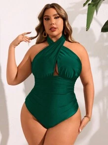 Swim Oasis Femme grande taille 2 pièces maillot de bain dos nu style col ras-du-cou avec jupe cache-maillot longue imprimée au hasard, ensemble tenue de plage d'été décontractée pour vacances