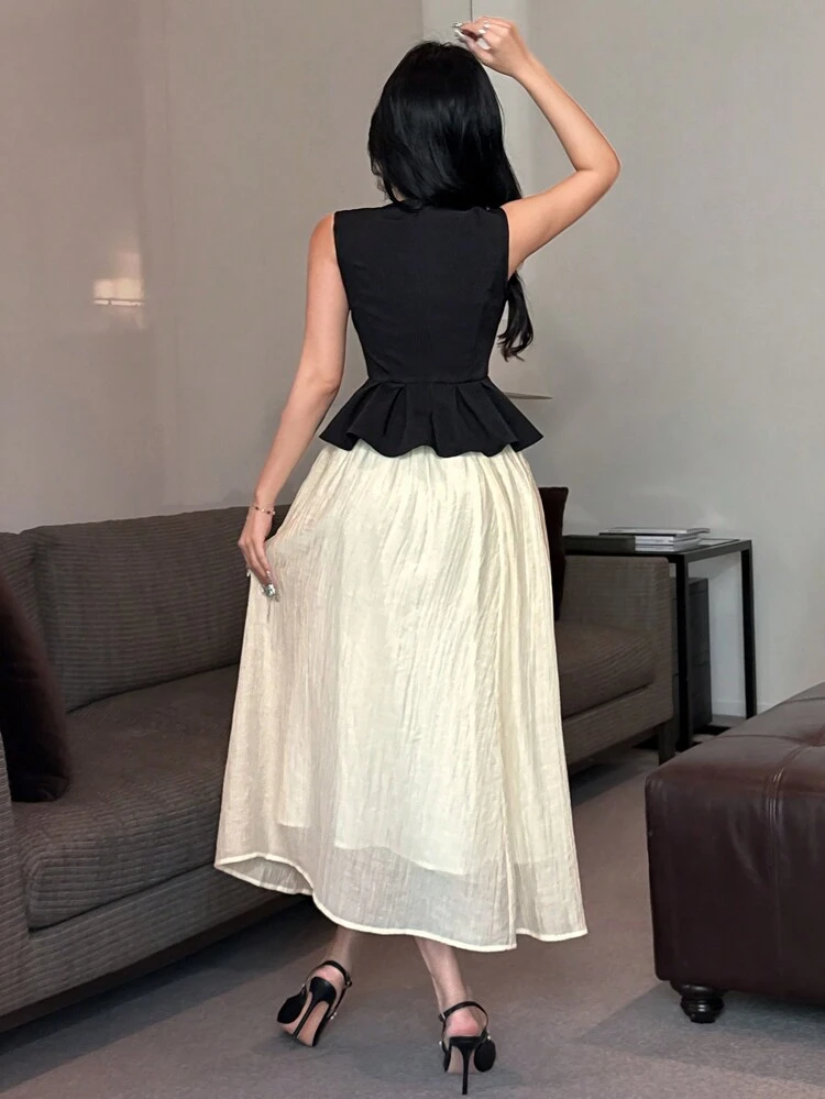 2pcs Women Festival Date Night Outfit Sleeveless Round Neck Tank Top And Color Block Skirt Set