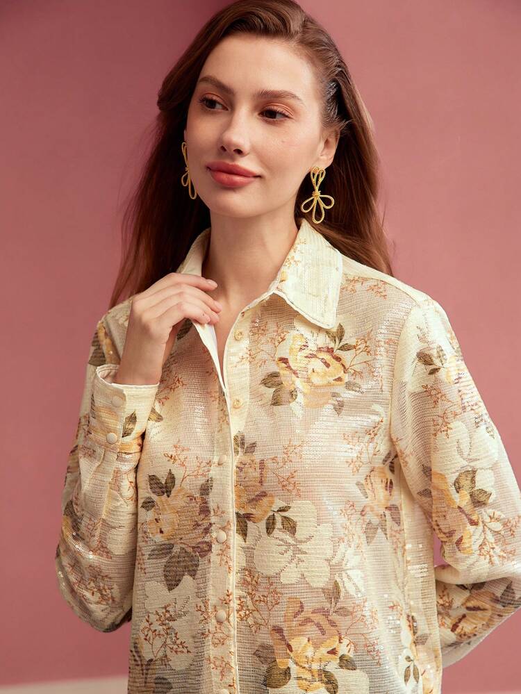FLORAL PRINT BUTTON UP SHIRT, LONG SLEEVES, SEQUIN, SEMI-SHEER,SPRING/SUMMER