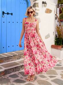Vivid Eden Printed Backless Drawstring Strap Women's Vacation Dress