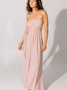 Aralina Vestido maxi con cuello halter plisado de jersey con rayas en tono malva, con cinturón trenzado y cuentas doradas