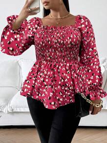 Franclia Camisa holgada casual de manga larga con estampado todo sobre cuello cuadrado talla grande